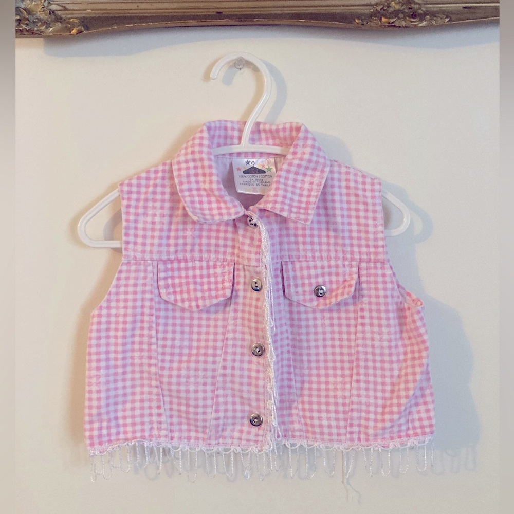 Vintage 90s ICZ Pink Gingham Vest with Fringe Western Toddler Vest Size 3T